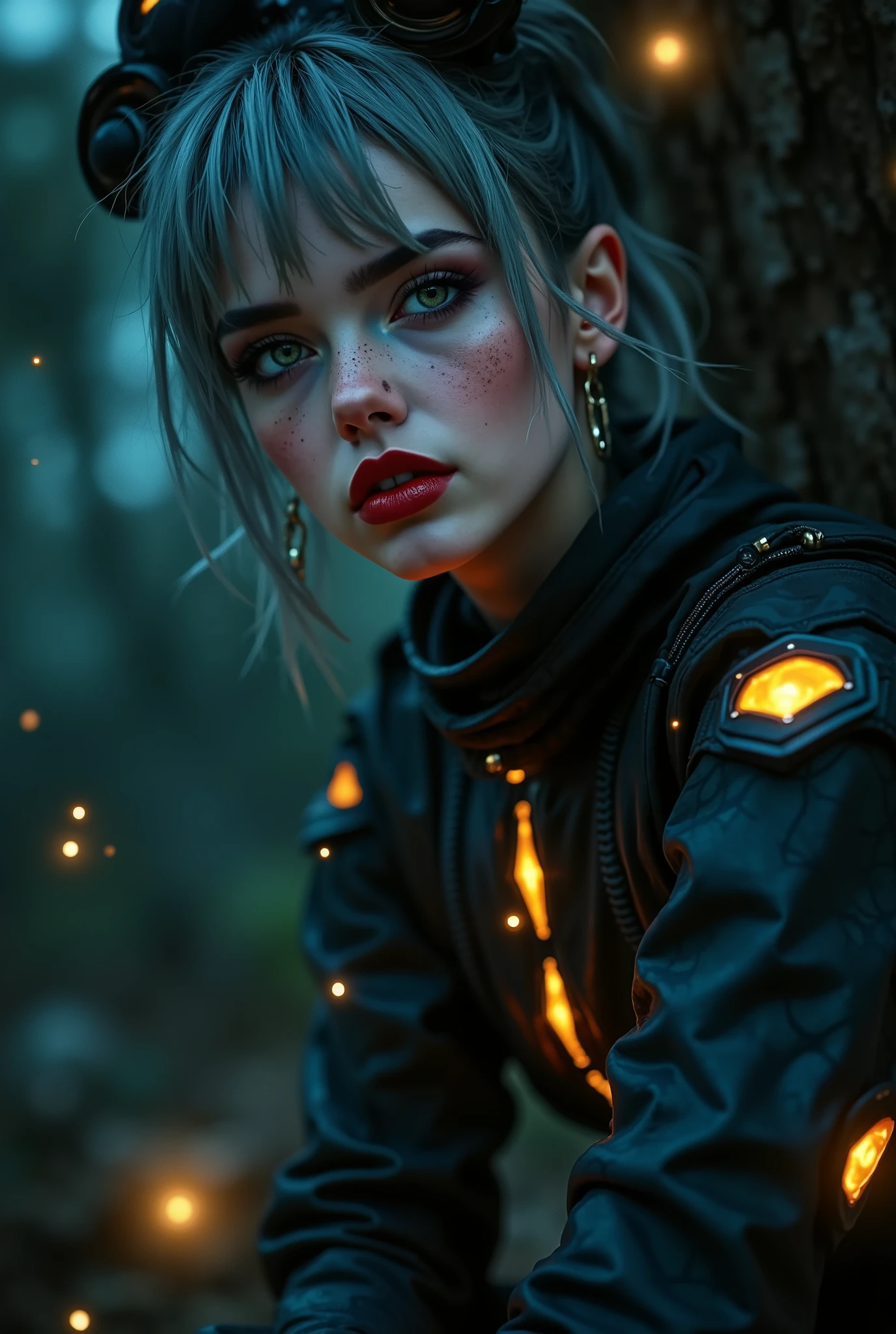 ((RAW Photo), Absurds, (Absurd Resolution)), (masterpiece, best quality), ((hyperrealism, photorealistic)), (the most beautiful girl, beautiful, indifferent), freckled, (green eyes), (gray hair, disheveled), (red lips), sexy pose, (A.I. uniform, LIGHT FABRIC, Science Fiction), (sitting on a tree branch), her outfit lights up the surroundings, night, fireflies, intricate and luminous details, ((she looks down attentively at the viewer, with defiance)). (from below, Photographic Perspective)). «SunPuma S»