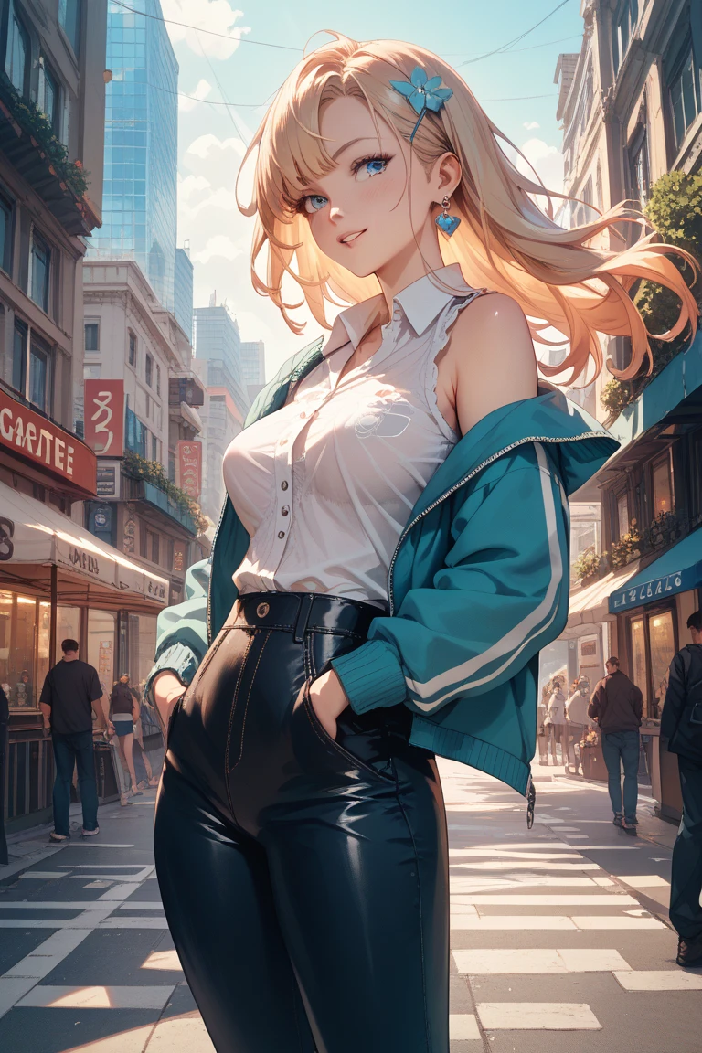 (masterpiece, best quality:1.4),  (modern days), (cowboy shot), 1girl, solo, pov, sfw,

stunning girlfriend, (standing:1.1), dynamic pose, (white oversized sweater, knit sweater:1.4), (tight yoga pants, dark grey yoga pants:1.4), (short navy blue jacket, denim jacket:1.4), long blonde hair, swept bangs, heart shaped face, elegant face, beautiful face, highly detailed face, highly detailed skin, skin pores, subsurface scattering, (detailed blue eyes), realistic pupils, large breast, loving smile, looking at viewer, full face blush, full lips, holding a single coffee cup, centered,

coffee shop in background, city street, sunny day, wind, detailed background, depth of field, atmospheric perspective, volumetric lighting, sharp focus,

absurdres, realistic proportions, good anatomy, (realistic, hyperrealistic:1.4), 16k hdr,