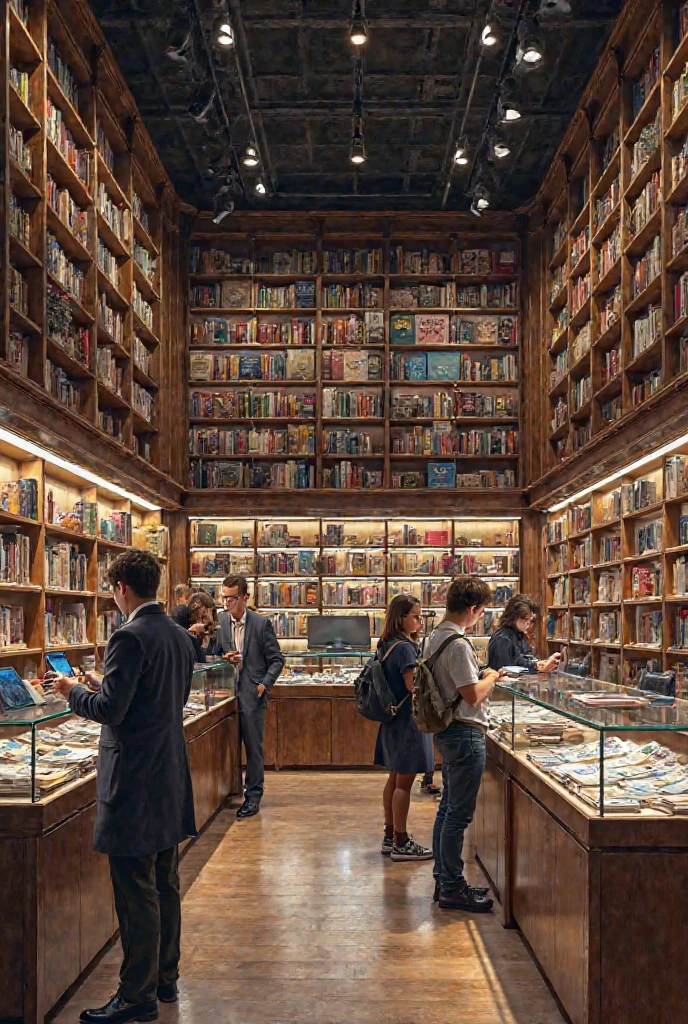 anime scenery, Transition to a quaint bookstore with a sign glowing softly.
Children browsing through shelves filled with colorful books.
A young boy excitedly choosing a book and handing money to the shopkeeper. colorful anime movie background