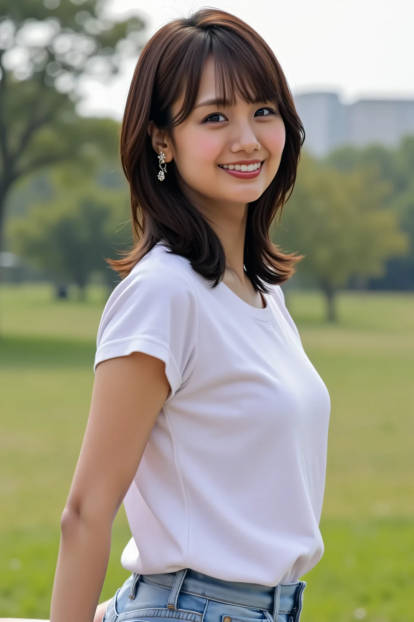 ((( High Resolution , top quality, very well detailed, masterpiece ,  highly detailed photos , realistic , Real people , Ultra precise skin ))) ,    , (   from the front  ) , full body ,  Advance Shot ,  Viewer , ( giggle face ) , { wearing the sleeveless T-shirt   : 1.8 } , black hair ,   medium hair , medium breasts , focus on the pubic area , Between the legs , the dark hours of dawn  , (( tuck hair behind the ear : 1.8))  , { nsfw , put the pingers in pussy }   ,  In the park
