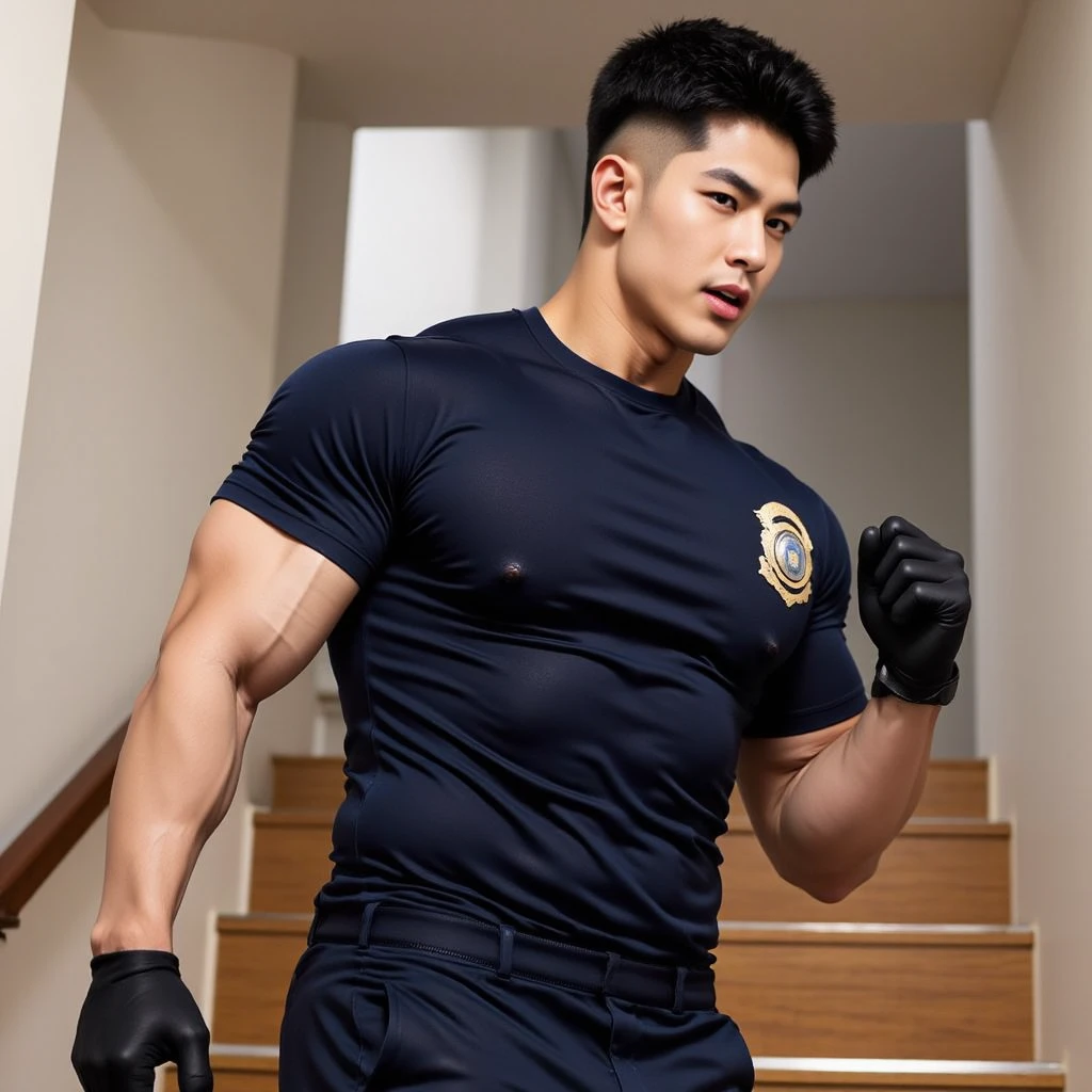 Very realistic。Short Hair、Stubble。Strong macho。Police Officer。Naughty。A man with a chest so large it could burst。Gay。muscle。looks strong。Japanese。