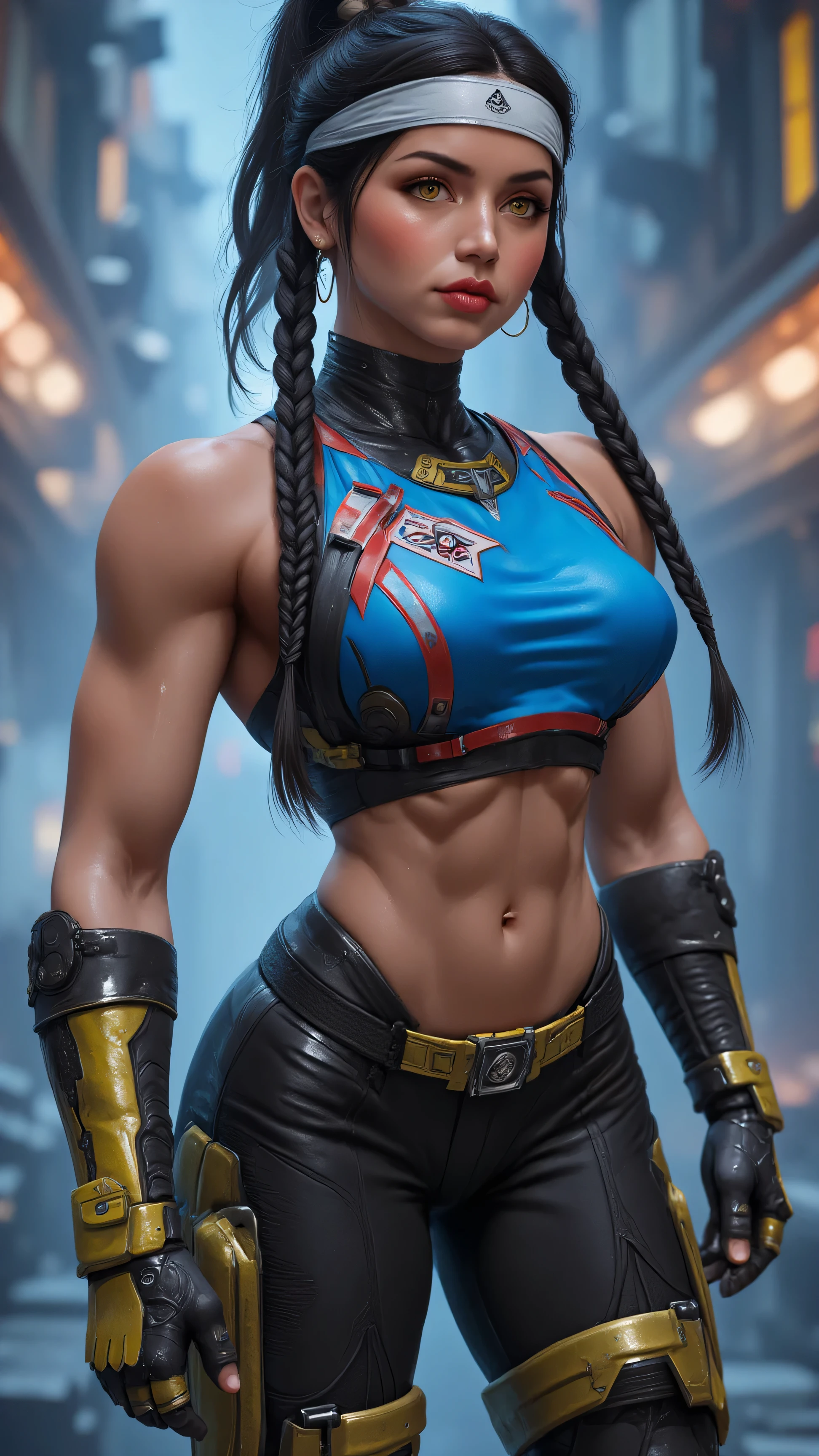 A confident, ((muscled)) and fit woman with two long native indian braided of black hair. Green big eyes, She is wearing a blue crop top with red accents and futuristic battle illuminated cyberpunk gauntlets. she wears a white bandana with a frontal knot on her head . The ensemble includes black and yellow pants with tactical details, Yellow sport cyberpunk sneaker-boots. The lighting emphasizes her athletic build, creating a dynamic and sci-fi atmosphere.