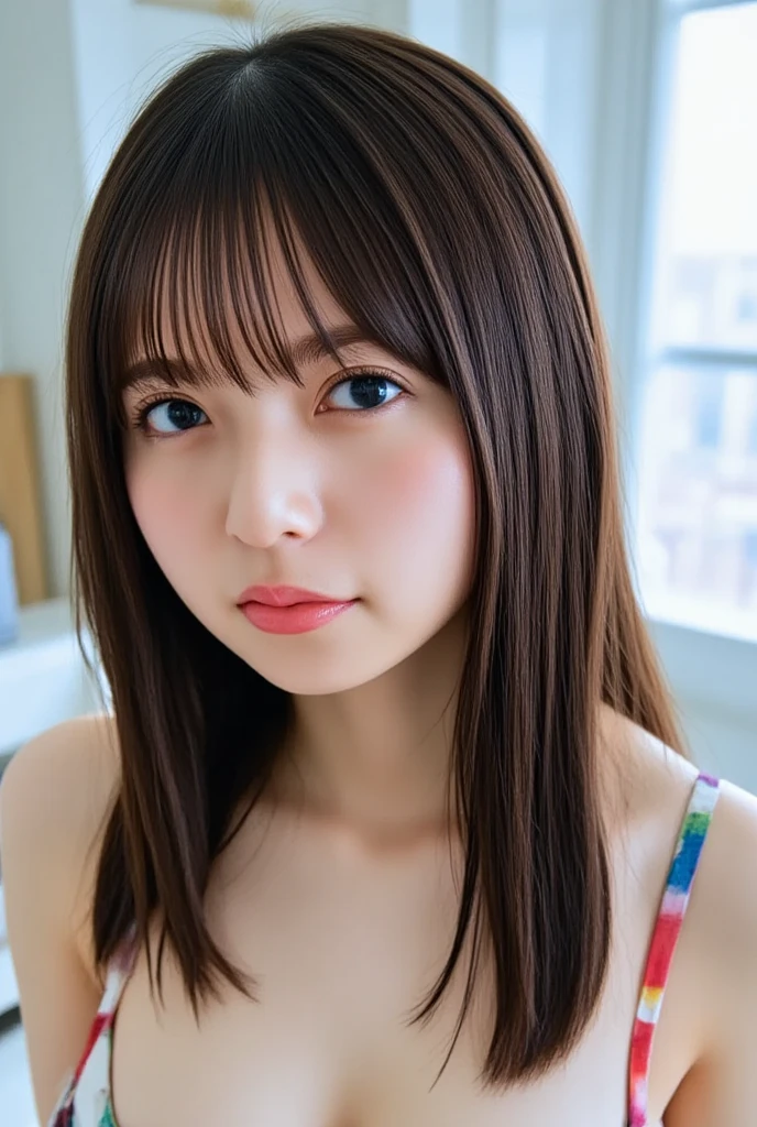Please create an image that meets the following conditions: God has brown hair, is Japanese, and is short.、Big breasts, cute face, double eyes
