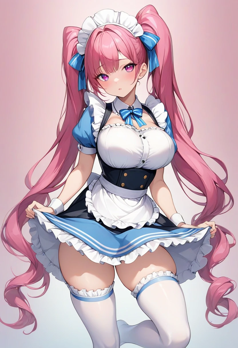 Anime school girl with white color hair styled in double ponytail curls, blue color eyes, wearing a White ta outfit named Beth, walking on a bustling city street.Anime school girl with pink hair, wearing a white apron and a butterfly hair ornament, showcasing large breasts and cleavage.