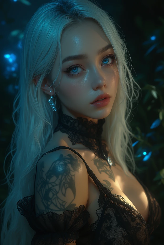 realistic, high resolution, 1 woman, Glowing skin, alone, tattoo, decorations, pink lips, long white hair, blue eyes, gag, hips up, outdoor, hat, wear on the road