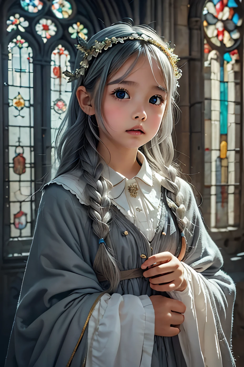 Little young girl,Gray Hair,morning,cute,fantasy, gorgeous dress ,headband,odd-eye,cathedral