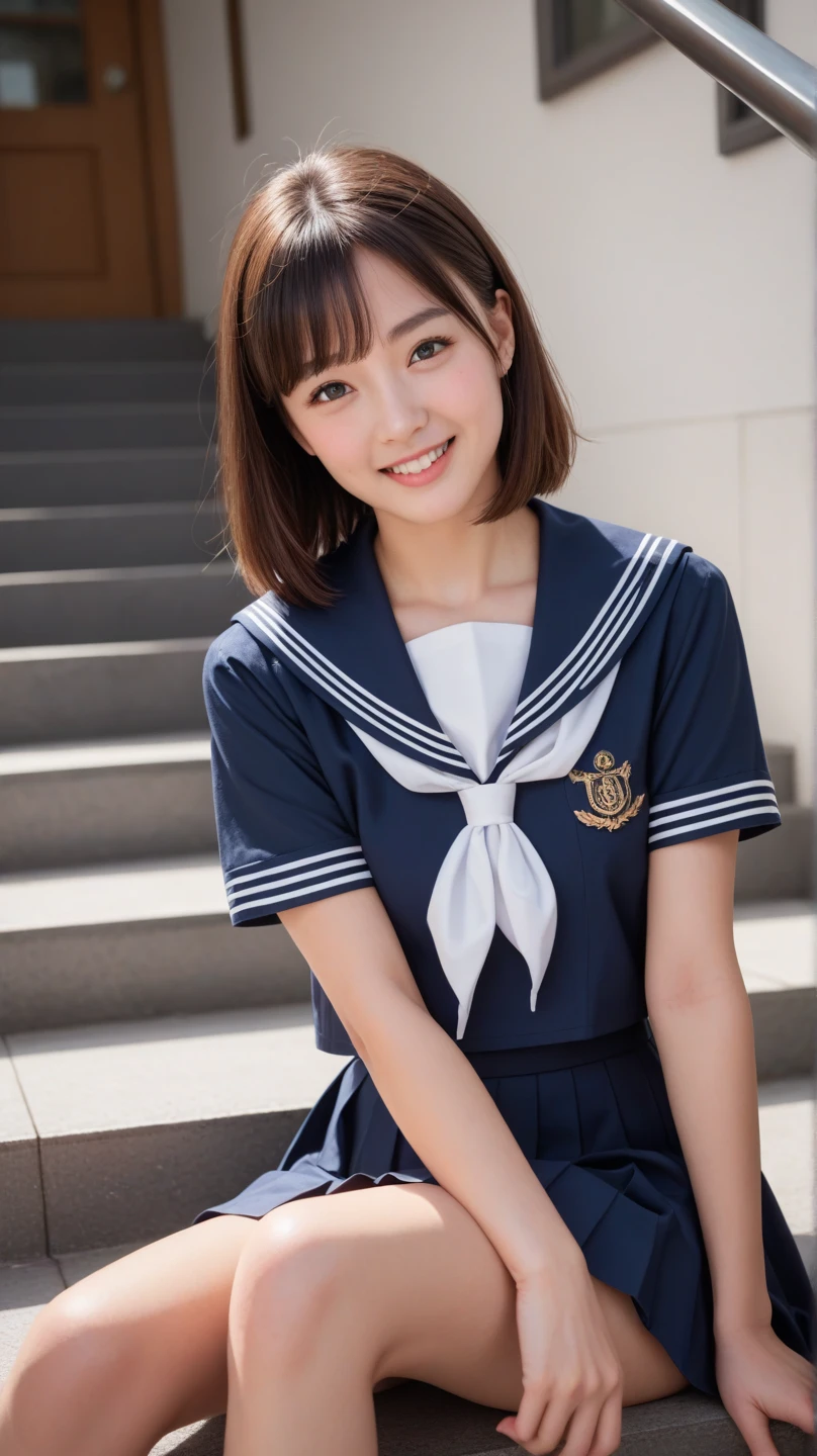 Close up of woman posing for photo,  japanese model model, -yeld fee model,  4K、bangss、A dark-haired、bobhair、Middle hair、Straight hair、(white  shirt, Sailor School Uniform, Dark blue pleated skirt:1.2),　(Super cute face in idol style:1.2)、slim and beautiful figure、beutiful breast、A smile、full body Esbian:1.5、The background is an empty park、Beautiful legs、sexy  pose、Erotic Poses、