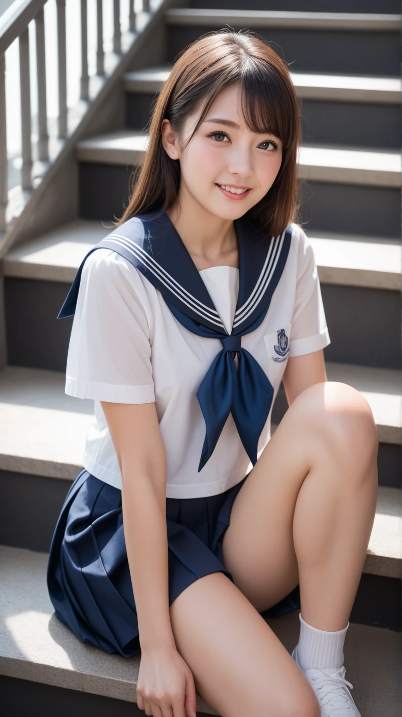 (masterpiece, Highest quality:1.2), 8K, Young and beautiful girl, 85mm,Official AR RAW Photos, Baby Face、Clothes are big、Show me your ears、photo shoot, Cute face, Thighs, Classroom after school, Looking at the audience, Embarrassing、smile、No makeup, Film Grain, chromatic aberration, Sharp focus, Face Light, Bright lighting, 10 generations, Detailed face, Background Blur、((((((18 year old high school girl))))))、Tight waist、Sailor suit、Not wearing a skirt、pubic hair、vagina/Pussy