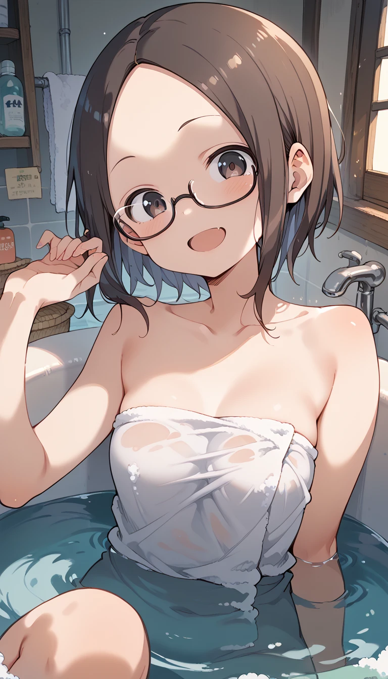 Erotic、Bath、Completely naked、Hairy woman with glasse、Sweat、Love juice、Embarrassing expression、smile、Feels good、No clothes、Embarrassing、Cover your crotch with your hands、Pubic hair growing　Small breasts　Small Boobs　Come in together？