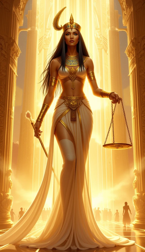 Maat, the colossal goddess of truth and justice, towers over her titanic height. Her skin is a soft golden hue, reflecting the celestial light. Her pupil-less eyes shine a golden white. Her hair is long, straight and black, flowing down her back, adorned by a golden tiara with sacred inscriptions. A golden ostrich feather floats lightly on her head. Her lips are full and painted a deep red. Her body is sculpted, with a slim waist and shapely thighs. She wears a white Egyptian dress with gold details, fitted to her body, with a sophisticated neckline. Golden bracelets and ornaments shine on her arms and neck. Maat stands immensely, holding a sacred scale of pure gold in one hand, perfectly balanced. In the other hand, she holds a golden scepter with mystical hieroglyphs.  The surroundings are sublime and ethereal, with a mirrored floor reflecting her grandeur. The sky above is golden, radiating beams of heavenly light. In the background, translucent spiritual figures hover on the horizon, awaiting judgment. A light breeze moves her dress and hair, while her presence exudes absolute balance.