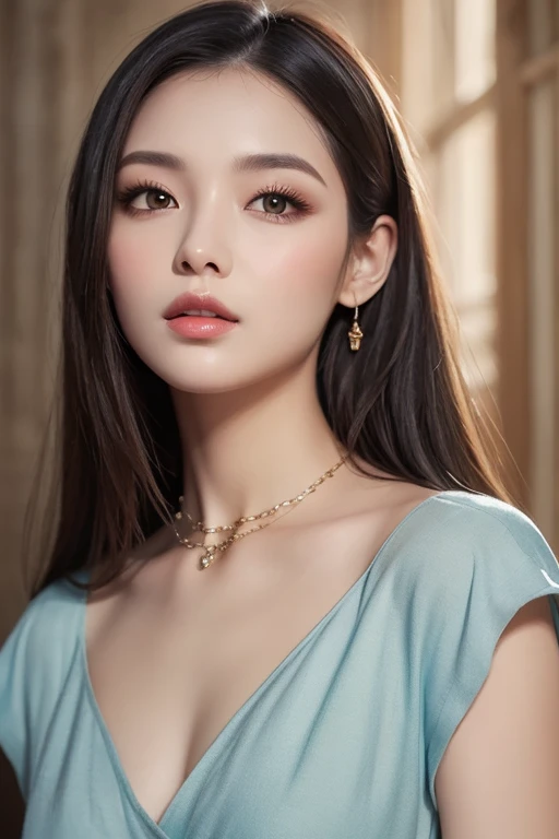 a close-up of a woman wearing a pink dress and a necklace, Beautiful young Korean woman, gemma chan girl portrait,  with pearl earring, beautiful chinese model, gemma chan beautiful girl, wearing pearl earrings, sha xi, gongbi, beautiful young university student, a young Asian woman, beautiful south korean woman, Xisionwu, Xintong Chen having breakfast