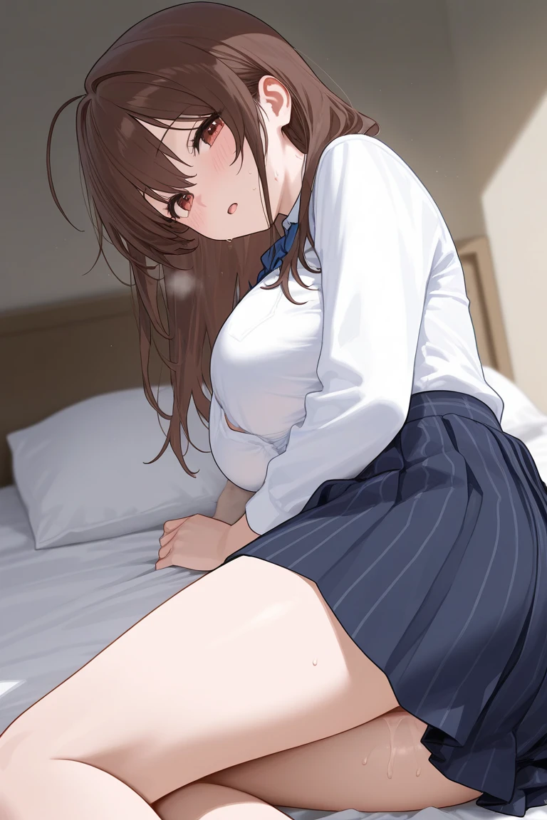 masterpiece, best quality, (one boy and one girl are having sex:1.3), home, on bed, (anal sex:1.3), high school student, (plump:1.2), short height, medium length hair, (ahoge:1.0), (brown hair:1.2), brown eyes, hairs between eyes, collared shirt, blazer, pleated skirt, , bow, black thighhighs, (saliva:1.4), (pussy juice:1.5), (sweat:1.2),