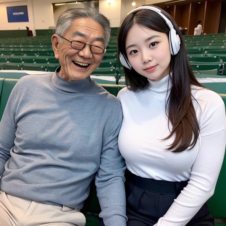 1 office lady and 1 old man sitting,close to each other, (his arm touching her breast:1.1),very cute face, bob hair, thin fabric turtleneck, headset,baseball stadium,perfect anatomy, masterpiece, best quality, perfect face