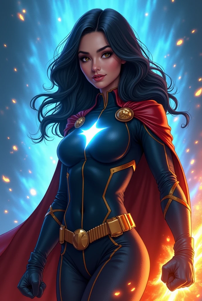 A short superheroine with black thick wavy long hair, hazel gree. eyes, and sharp northern Italian features. She has immense physical strength, the ability to project powerful blue energy rays , manipulate reality, and create fire. She has a strong boxer body and her uniform is conservative almost religious