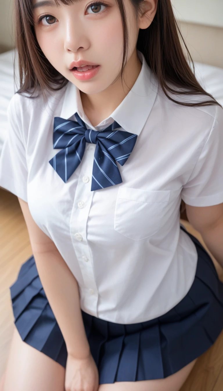 Incredibly cute girl,Super cute  girl、A neat and tidy elementaryniform、Sailor suit、A red ribbon tied around her chest、Summer clothes、The upper body is white、The skirt is navy blue)、School classroom、(slim)、Realistic、detailed, Skin Texture, 超detailed、Delicate and sexy collarbone、A sloppy smile、スーバーdetailedな顔、detailed唇、detailedな目、Small breasts、Small breasts、、Small breasts、Flat Chest、Bright Face、((Are standing、White and light blue striped panties are visible、Both hands are on the thighs、Put both hands on your skirt、Pull down your skirt with both hands、She is unzipping her skirt with both hands.))、Twin tails、whole body、