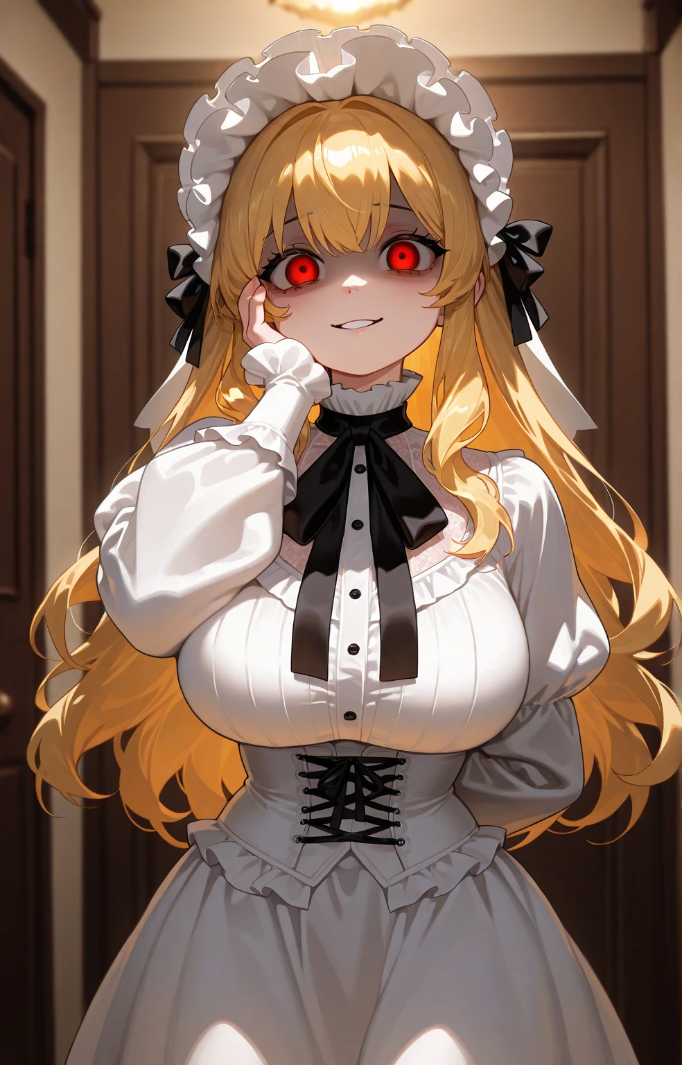 Masterpiece, very detailed, ultra detailed, one, (1 female maid), she is in a maid costume, and in an elegant position, super mature, tall, milf, mature mother, super long hair, golden hair, with ultra-golden hair and combed on the sides, golden dragon horns, beautiful, charming, glowing blood-red eyes, elegant, big breasts, kind face, charming, bright red background, dead atmosphere, against the background of zombies and ghouls.