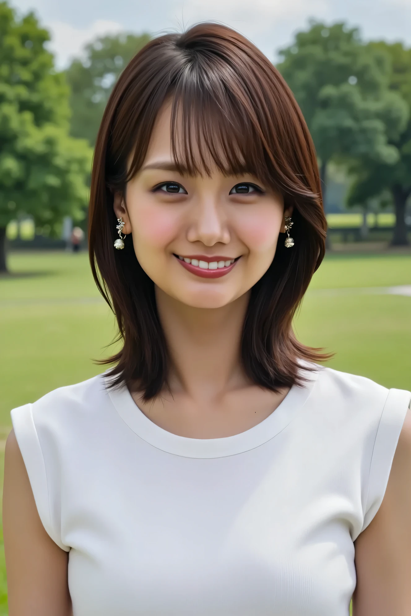 ((( High Resolution , top quality, very well detailed, masterpiece , highly detailed photos , realistic , Real people , Ultra precise skin ))) , , ( from the front ) , full body , Advance Shot , Viewer , ( giggle face ) , { wearing the sleeveless T-shirt : 1.8 } , black hair , medium hair , medium breasts , focus on the pubic area , Between the legs , the dark hours of dawn , (( tuck hair behind the ear : 1.8)) , { nsfw , put the pingers in pussy } , In the park