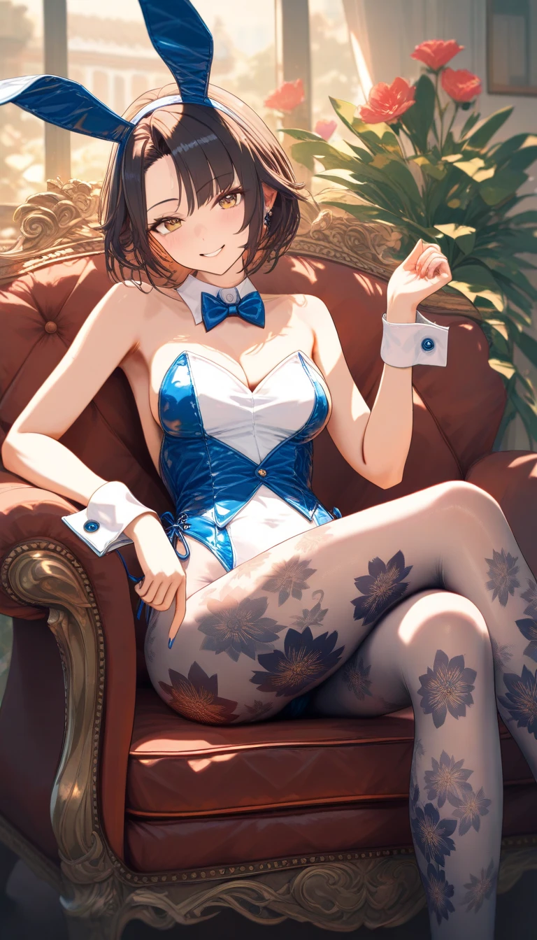 ((8k、high-level image quality、masterpiece))1 girl in、short-hair、A dark-haired、Blue inner color、Ear-piercing,playboy bunny、tiny chest、casino background
