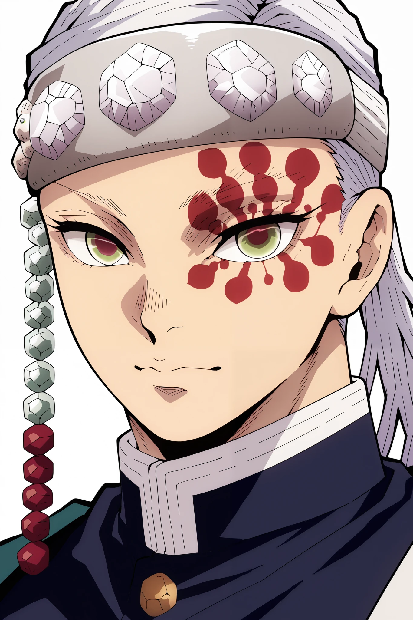 I want an portrait of Tengen Uzui from Kimetsu no Yaiba, more masculine, with his normal clothes, white background, HD