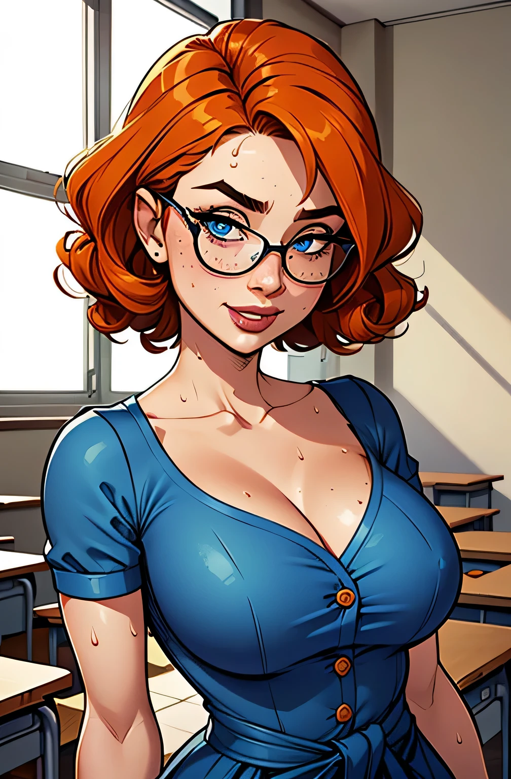 cartoon style:1.2), woman, Krista Allen, draw ART Artline, background a library with bookshelves, spanish woman, woman cartoon, sexy clothes , fearless and super brave girl , cartoon style illustration, cartoon art style, cartoon art style, digital illustration style, very detailed character design, cute detailed digital art, City fan art, portrait character design, linda digital illustration, High quality portrait, comic art, character design portrait, library background. Busty without clothes and very big breasts, perky tits, Cartoon style female character dressed as sexy schoolgirl, Beautiful character pose in dynamic pose, wearing glasses, schoolgirl uniform, deep cleavage, very short skirt, white thong, long stockings, beautiful breasts, well defined body, delicate and sensual, perfect hands, perfect fingers, full lips, long hair redhead, cartoon style, 3/4 shot, digital illustration, J. Scott Campbell style
