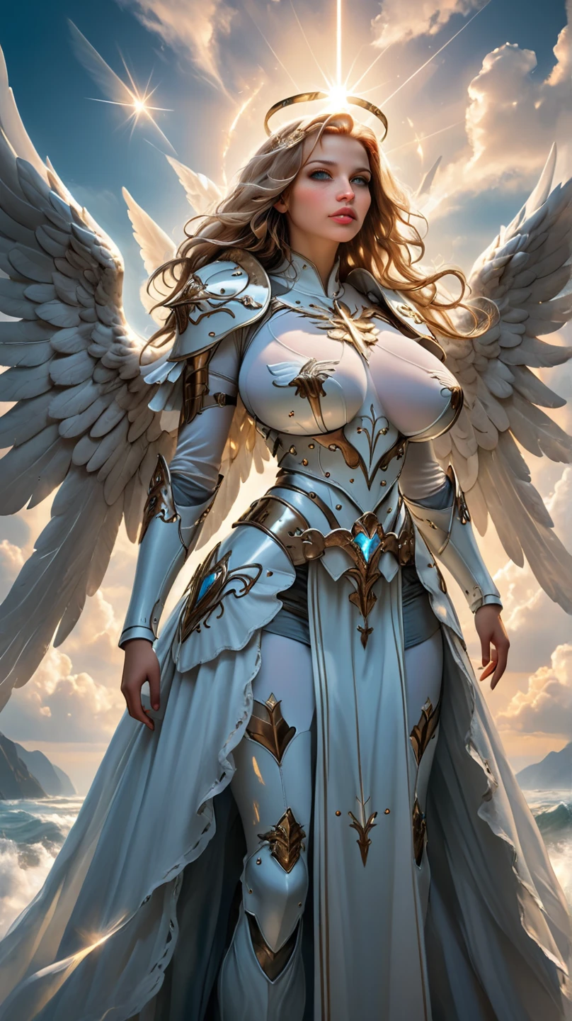 Peerless woman, blonde hair and long hair, inextricably stranded, beautiful figure, graceful curves, plump ideal type, super exaggerated huge breast weight, gold armor, sitting forked legs, thighs, leg armor, elegant, extravagant artistic acts, romanticism, (fractal art), vibrant colors, sunny glare smooth skin, professional photography close-up, brutalist design, vivid colors, the most beautiful chaotic forms, colorful, multicolored magnificent, symmetrical, from the frontal face, front view, noble chair, golden wings, Ruins of an ancient castle