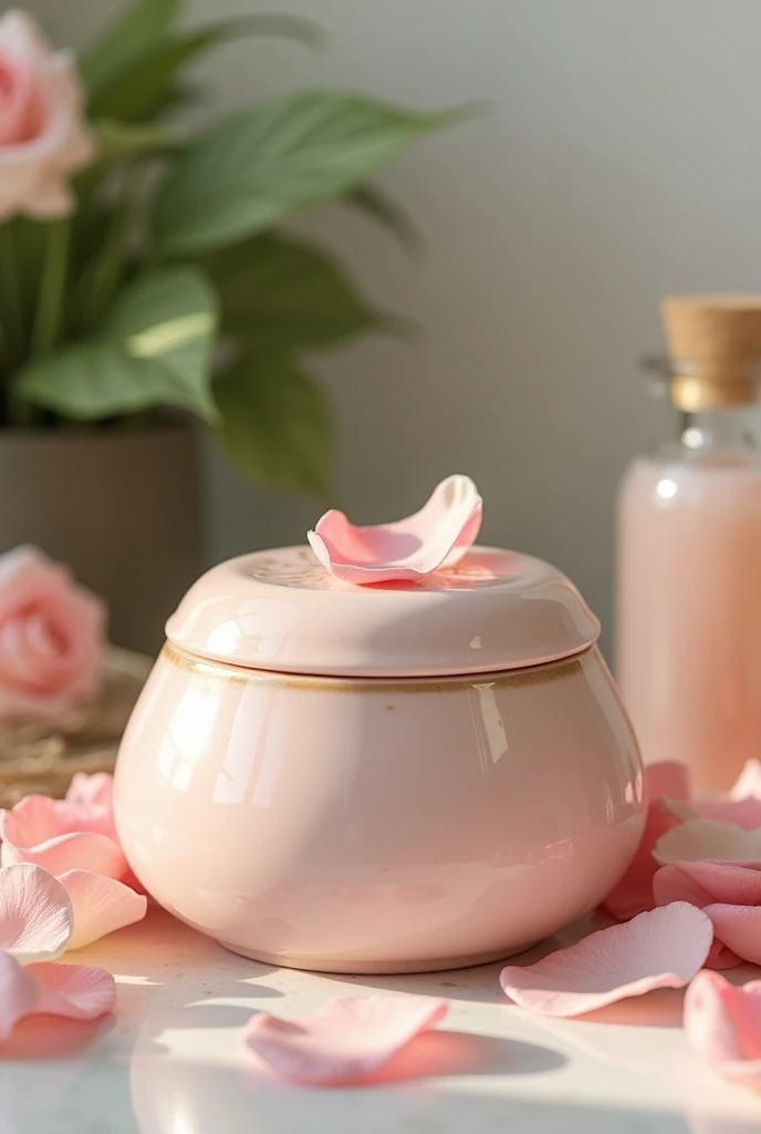 There is a pink container,There is a white rose inside,On pink cloth, Melancholy Rose Soft Light, Memes, Official product photos, soft colors Mononucleosis chromatic, Smooth pink skin, Professional product photography, Official product images, With soft pink, Take photos for skincare brands, Kano), Dramatic product shots, Synthetic biological skin, Mononucleosis, Professional product photos