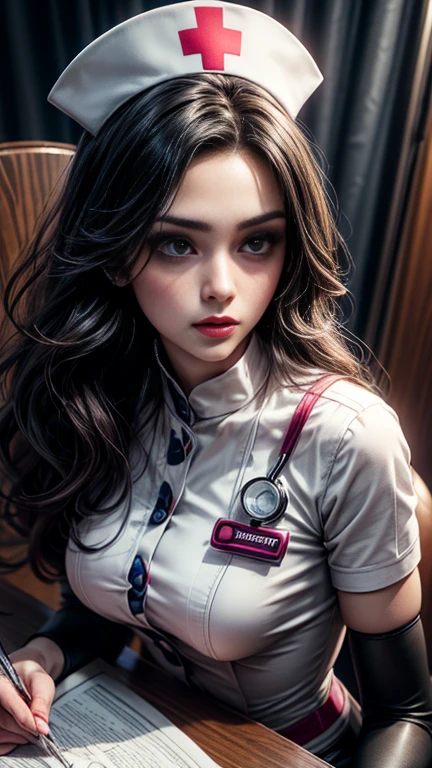 Highest quality, 16K, Unbelievably absurd, Very detailed, 2.5D, delicate and dynamic, spooky, formal, Dim Hospital, Gothic, Creepy, Examination table, Suspiciously large skeleton, Anatomy, Thick book, , , , , , Small face, Very delicate look, Delicate eye depiction, Close-up, erotic, Sexy Woman, Cool woman, Long black wavy hair, Healthy body shape, 25-year-old woman, mad nurse, mad scientist, height: 170cm, A large, swaying bust, Sexy long legs, nurse, treat, Stethoscope, Calm expression, Complicated nurse costume, Nurse costume in chic colors, Tight Skirt, garter belt, Fishnet tights, , , ,