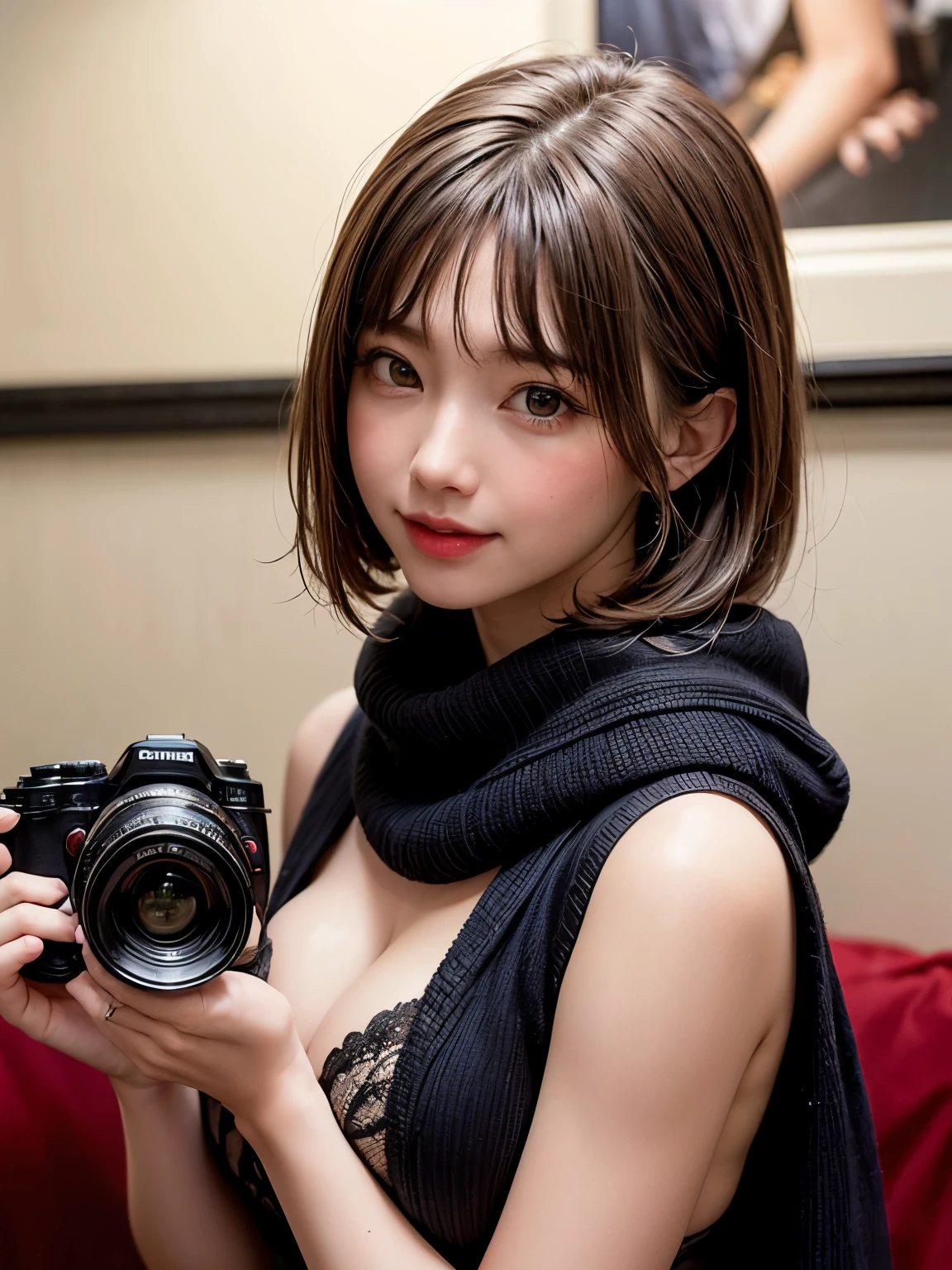 Tabletop, beautiful, 4K, Highest quality, beautifulface, beautiful表情,Cowboy Shot,Brown Hair、thick, Big Hips, Thick thighs, Fuller lips,Natural、(Glamorous Body)、((Tight dress))、(gorgeous)、((squat))、Cleavage,((Big Breasts))、((Sexy pose))、cute、Japanese women、Japanese beauty、Idol、22 years old、((looking at the camera))、short hair