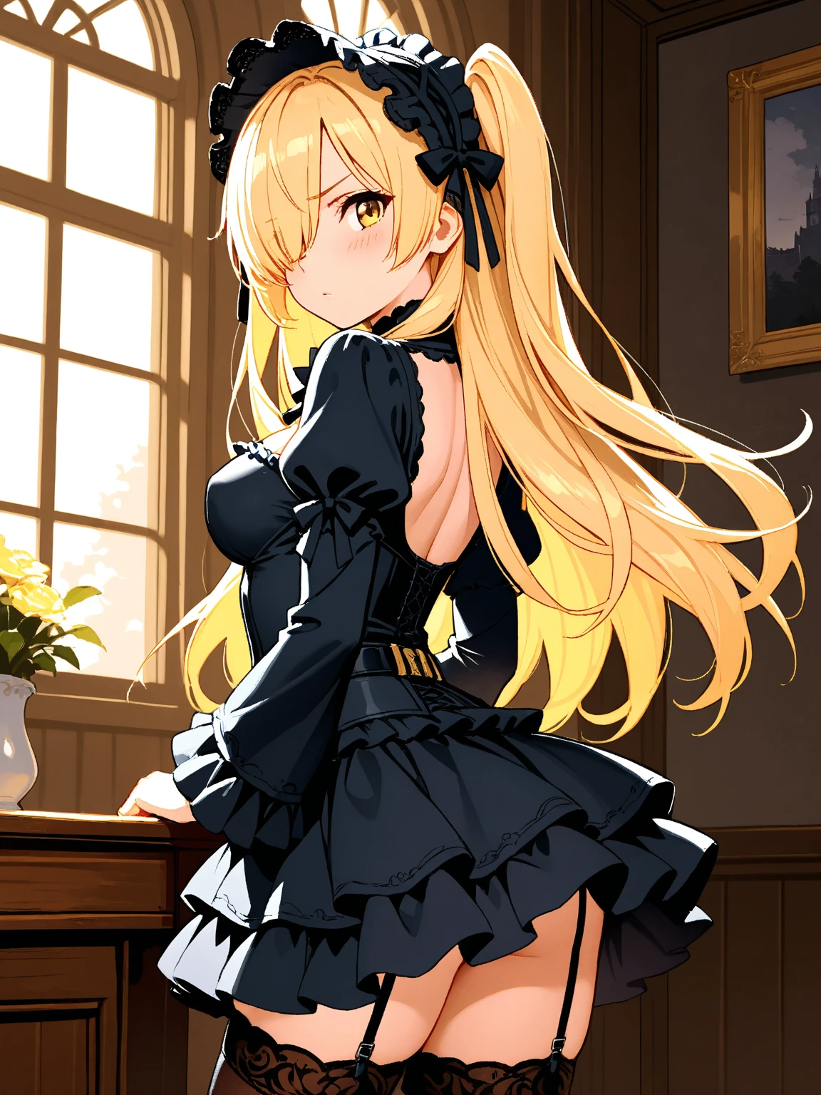 Safe for work, masterpiece, best quality, solo, 1 girl, facing forward, looking at camera, (young female body:1.4), ( medium small breasts), slender legs, golden yellow hair, extra long hair, blunt bangs, crystal blue eyes, very detailed eyes, hallway background, ponytail, standing, leaning forward, erotic, black dress, short form fitting dress, tight black dress, silver details, flustered expression, arched back, arching her back, extra short dress, short tight dress, cocktail dress