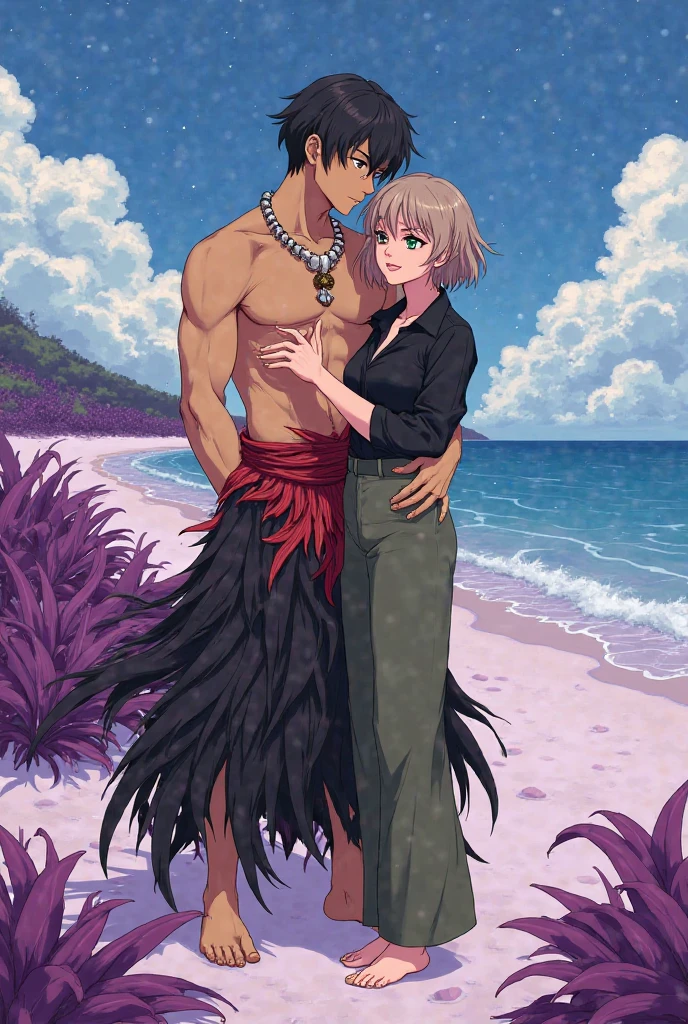 (FF pee), 1 male, effeminate, Vaan wearing cropped top and leather skirt, showing off panties, in the shade of a coconut tree in the desert