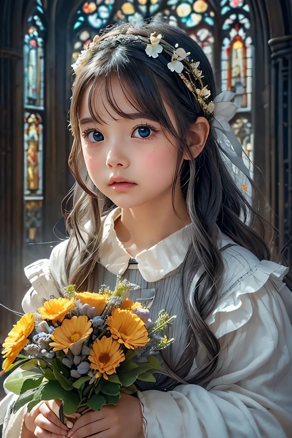 Little young girl,Gray Hair,morning,cute,fantasy, gorgeous dress ,headband,odd-eye,cathedral,bouquet