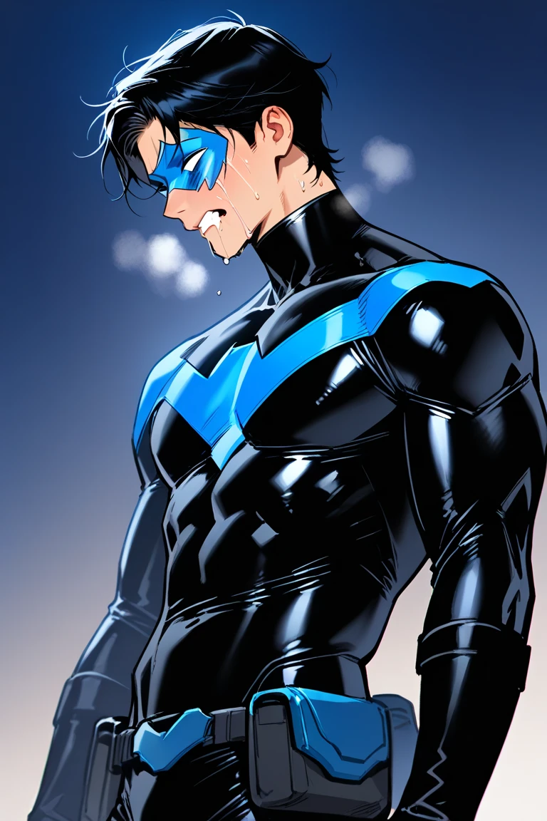 1male, adult, black hair, wavy hair, short hair, headband, lean build, super suit, sunglasses, confident