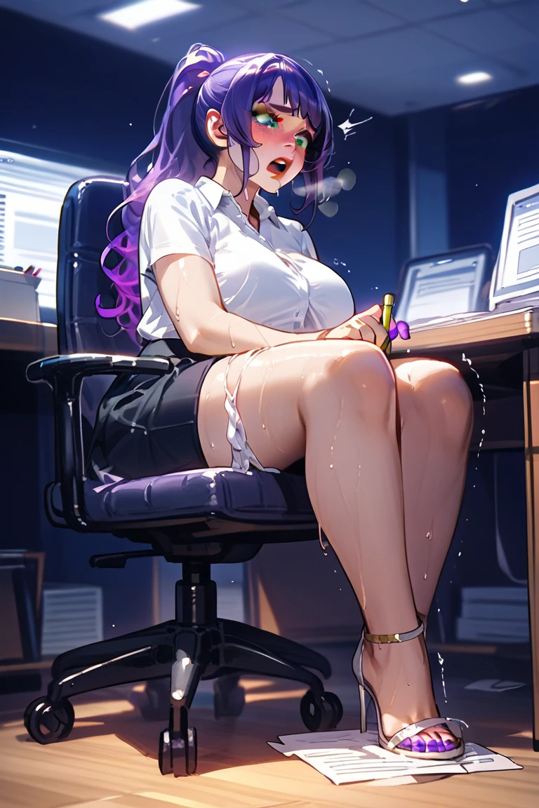 masterpiece, best quality, 1girl,purple hair, long hair, blush, sweat, office,futanari,chastity cage,cumming attempt,sitting on chair