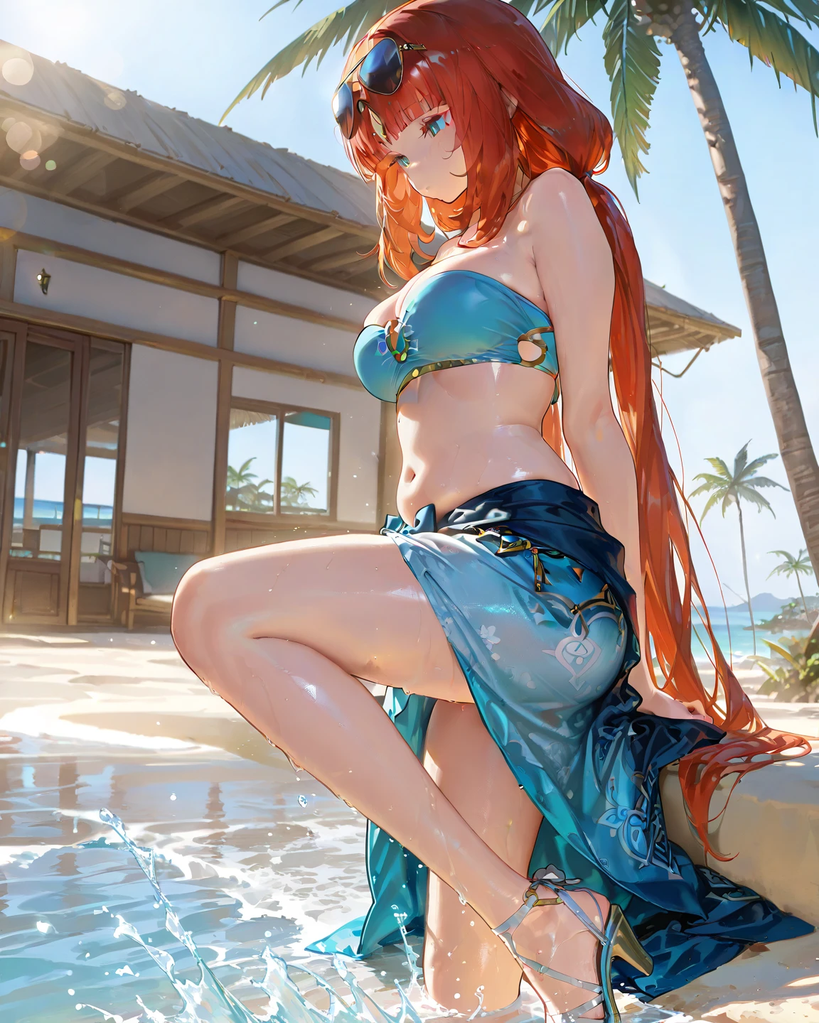 1girl, long hair, tree, sitting, jewelry, necklace, red hair, solo, hair ornament, BREAK, multicolored hair, blue flower, water, beach, outdoors,