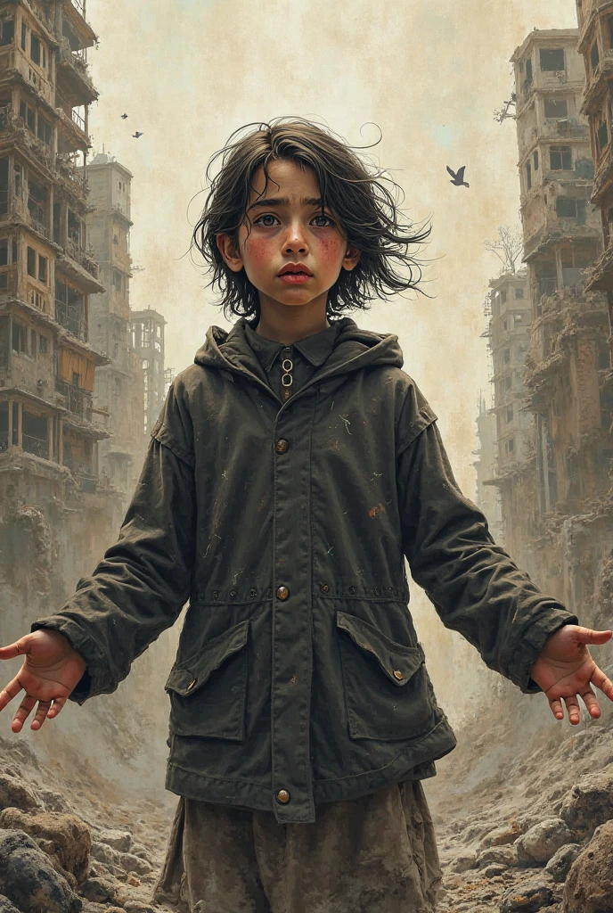 The description depicts a close up portrait of A truly amazing art (((little boy))) with blue eyes, tears streaming down, messy dark curls and disheveled in spirit silhoutte form, torn clothing and a posed, melancholic expression suggesting a mix of sadness and wonder, crouched on a (dilapidated city street), surrounded by leaves and debris, surrounded by the remnants of war, framed by a softly blurred backdrop that gives an ethereal feel, his gaze focused downwards towards a (vaguely ruined urban landscape) where the light takes on fantastical, dreamlike tones, capturing the style of Boris Vallejo, luis royo, and julie bell