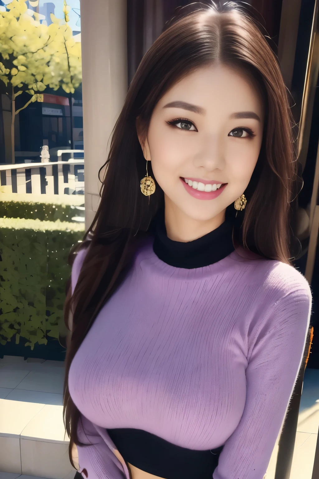a woman posing on the street corner with light purple dress on with glasses on, best quality, high res, 8k, 1girl, (huge breasts), day, bright, outdoor, (street:0.8), (people, crowds:1), (lace-trimmed dress:1.5, purple clothes:1.5, purple high-neck dress:1.5, sleeveless dress, light purple cloths 1.5), gorgeous, (forehead, long hair), beautiful detailed sky, beautiful earrings, (dynamic pose:0.8), (from front:1), soft lighting, wind, shiny skin, looking at viewer, smile, closed mouth,