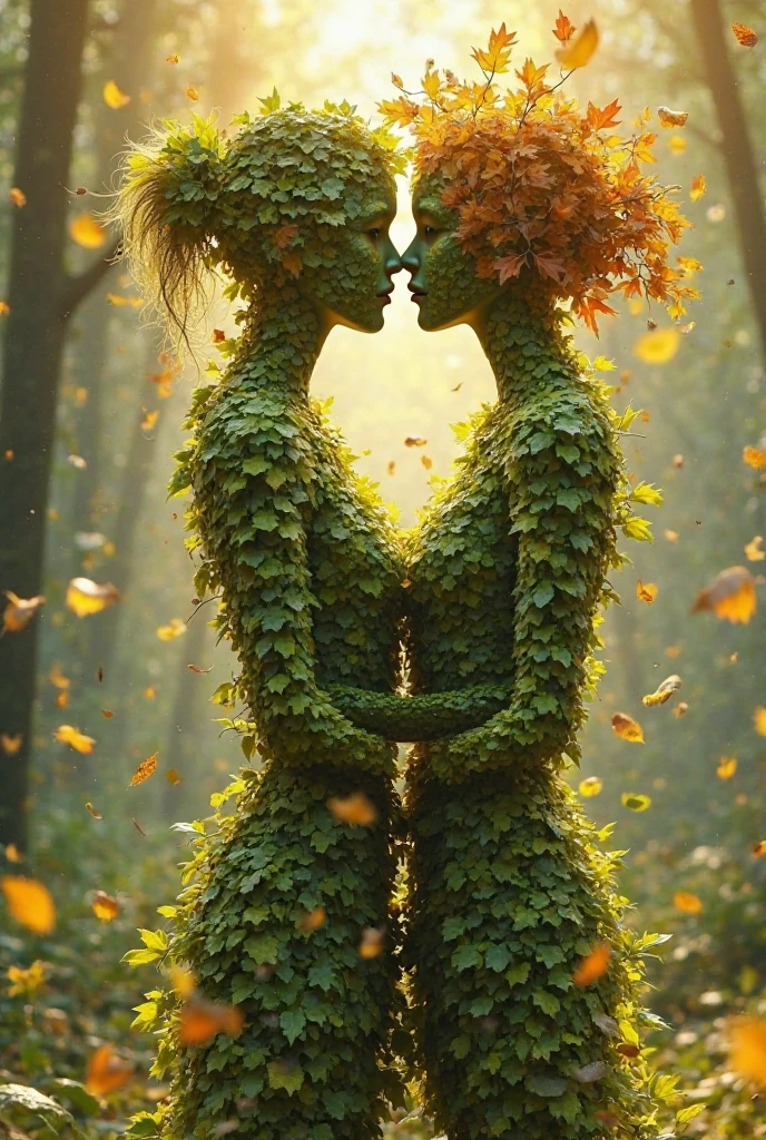 The image depicts two people dancing in a natural setting. Both figures are shaped from greenery, with their bodies, arms, legs, and heads formed from vines and leaves. Their hair is made from delicate branches, and their clothing appears to be woven from foliage. One of the figures has blooming flowers on their body, while the other is adorned with dense clusters of small leaves on their arms and shoulders. They are gently gliding over a grass-covered ground, bathed in the soft light of sunset, creating a romantic and magical scene as if nature has transformed into human form and merged into a tender dance.
The image evokes a sense of harmony between humanity and nature, full of artistry and creativity.