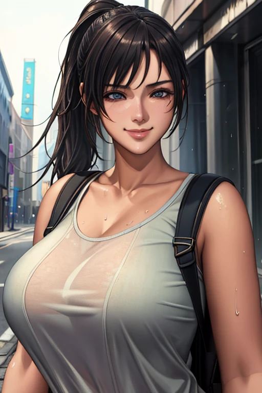 Attractive 25 year old woman, one person, (((so beautiful 25 year old woman))), cute、If you look at this、 Adult female, Curved body, Thick body, A voluptuous figure and especially large breasts, DD size breasts, Her body remains well-proportioned and attractive even in middle age., Detailed face、Detailed body、So cute face, Glossy Lips, Double eyelids on both eyes,Natural Face、Natural Makeup, Long eyelashes, Shiny and smooth hair、Perfect limbs, Perfect Anatomy, (Wet with sweat), sexly、smile、Dark black hair, Shoulder-length hair, Dark black hair in a Shoulder-length hairstyle, Black Eye, Hair tied up on top of her head, Mature face, so beautiful, loose tops, pants, Punk-style clothing, tracing, City Street. masterpiece, 最high quality, high quality, High resolution, ((Upper body portrait))、Upper body portrait,