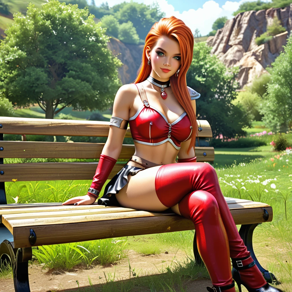 Jennifer lopez, Realistic, photorealism, photo-realistic, high contrast, 8k high definition detailed realistic, best quality, highly detailed, 1mulher, white skin, seductive poses on the floor, in a Japanese forest with a lake, skinny body, anorexic, enormous breasts, wearing extremely sensual red latex bike crop top with zipper, bike shorts, exposed navel, side cutout, short curly red hair, long white socks, platform sneakers, smile, ((cameltoe:1.4)).