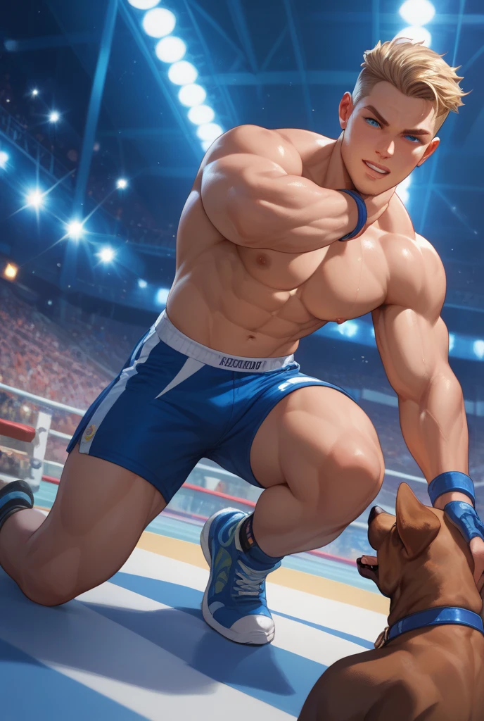 Illustration in Leyendecker style: Christopher Egan, 22 years , plays a muscular boxer in the ring. Wearing only red panties, big dick, boner, bulge in panties