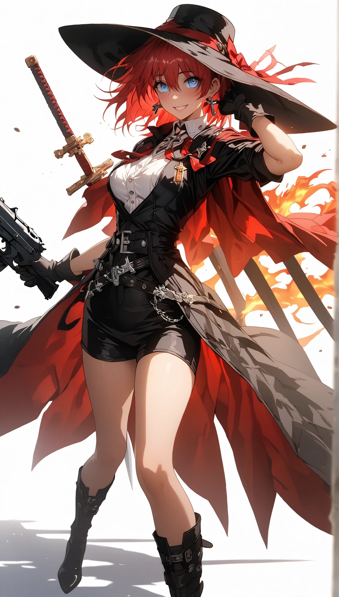 (Masterpiece. The best quality. 8K. Sharp focus. Depth of field. The best shadows. Perfect lighting. HDR. Realistic skin texture. Ultra-detailed background. Detailing). Anime style. Honkai: Star Rail. 1 Girl. March 7. Helsing: War with the Evil Spirits. Helsing Ultimate. Helsing OVA. Vampire Hunter from the Vatican. Perfect face. Beautiful nose. Fiery red hair. Short hair. Long eyelashes. Azure blue eyes. Beautiful eyes. Beautiful eyes. Expressive eyes. Crazy look. Thin lips. Crazy grin. Yandere. Yandere grin. Perfect anatomical body. Second size breasts. Rounded hips. Slender figure. Beautiful arms. Long, beautiful legs. Earrings in the form of a Catholic cross in the ears. White blouse. Black leather vest. Black leather pants. High black leather boots with heels. Wide belt on the waist. Bible attached to the belt. Catholic cross on the chest, on a thin silver chain. Cape-coat with a high collar and wide brim at the bottom. Leather gloves on the hands. Two weapons: Sword and pistol. One weapon in each hand. Sword in the right hand. Pistol in the left hand. Face and clothes are spattered with blood. Stands at full height. No background. White background. White Wallpaper. Full body.