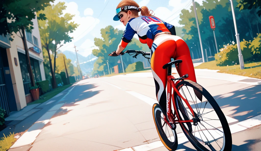 A comic-style drawing depicting a cyclist who has fallen off their bike while looking at a very sexy girl with large breasts. 
