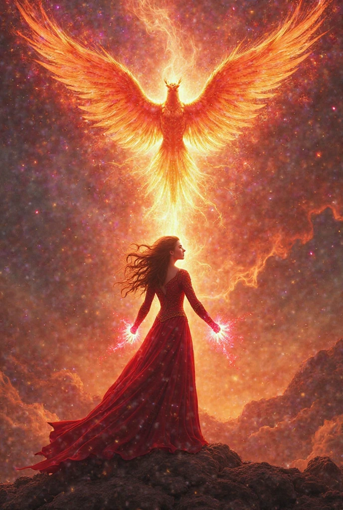 Woman performs the Secret Invocation of the Phoenix, being reborn from the ashes. Style of Ernst Fuchs