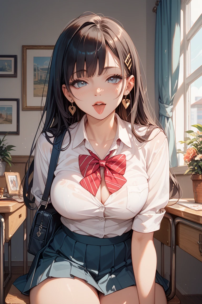 (Best quality, 8k, 32k, Masterpiece, UHD,:1.2),RAW, human, 1girl,ultra cute , ultra cute, natural lighting, transparent shining eyes, 20yo, large breast ,femur, fair complexion , flushed face, Long sleeve black cardigan, white collared shirt, black pleated mini skirt, dark red bow tie, shiny,((classroom)), near the window, soft smiling, ((waiza)), Unbuttoned shirt, From above