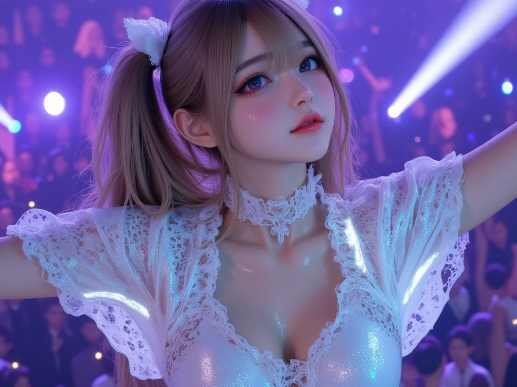 8k, ray tracing, vibrant colors, so embarrassed girl, illya, slim figure, masterpiece, sharp focus, Best Quality, depth of field, cinematic lighting, wearing a very detailed transparent white summer dress, ((condom belt, condom_hair_ornament, so embarrassed, blush)), elbow gloves, Perfect eyes, perfect hair, Rich in details and textures, masterpiece, Best Quality, Chica anime illya hair blanco hair muy largo y desordenado, two tails, Red eyes, long eyelashes, Very marked cameltoe, pink makeup and pink eyeshadow makeup, huge breasts, beautiful woman, Sun light, playa, illya, transparent white summer dress, bridal garter, Very erect nipples, large silicone implants, large silicone , chiaroscuro, (perfect hands:0.7, Clean hands:0.7), ((((Professional photography)))), ((Dream)), Whole body