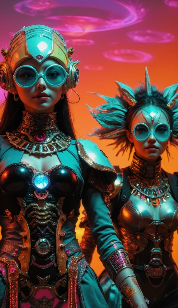 there are two people that are sitting next to each other, cyberpunk angry gorgeous druid, 5 0 0 px models, tribal jewelry, inspired by Kim Keever, rusty biomechanical cyborg, cyberpunk 2049, hippie chic, cg art --auto --s2