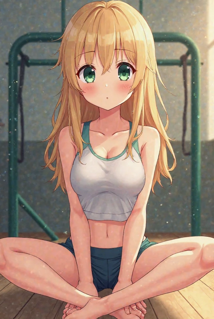 ((masterpiece)), ((best quality)), (ultra-detailed), anime style, school, a girl, solo, running briefs, beautiful gold hair, beautiful light blue eyes, ((beautiful eyes)), white-skinned, large breast, slim, slender, ashamed, all fours ,((running briefs)), ((sports bra)) ,((twin tail))