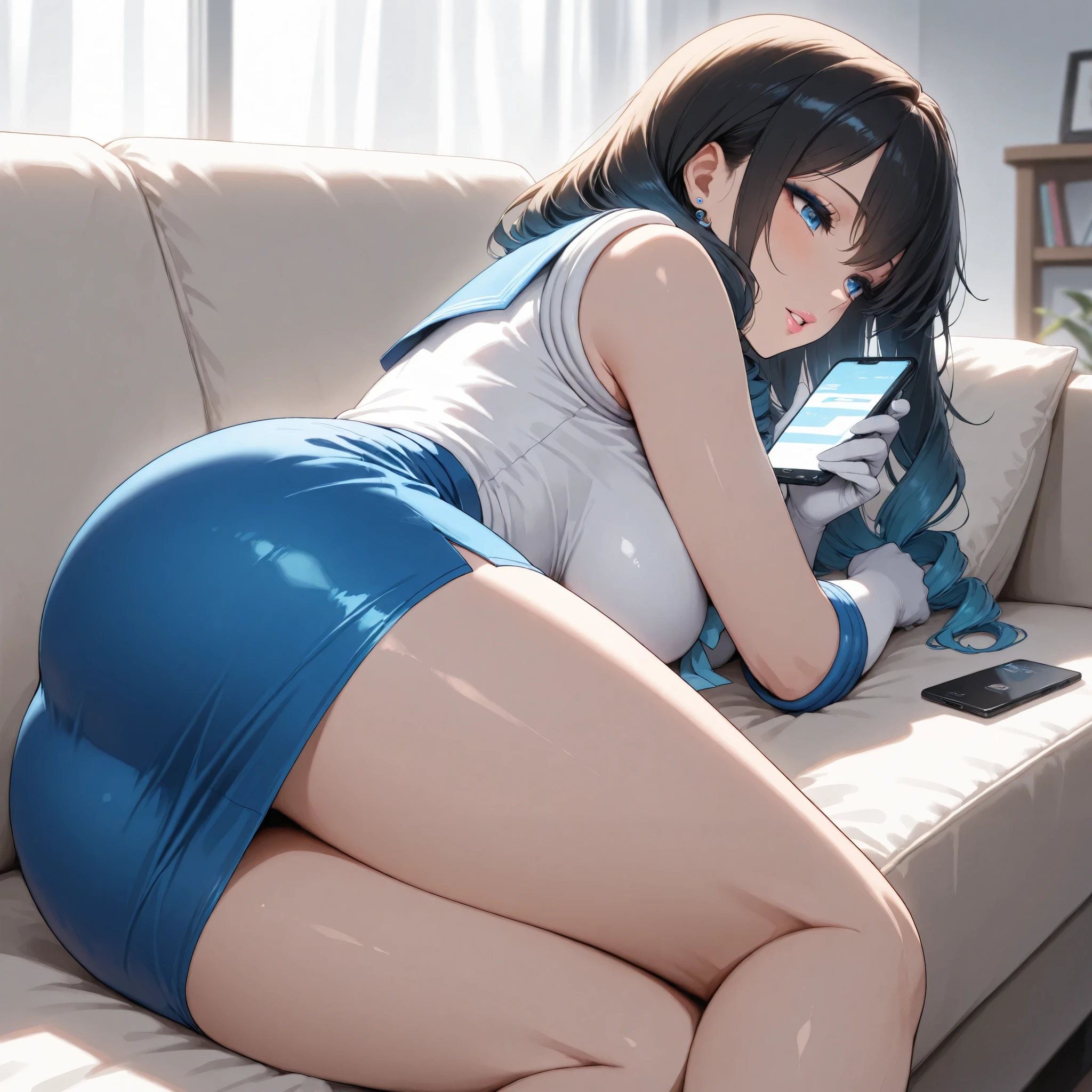 Score_9, Score_8_up, Score_7_up, Score_6_up, Score_5_up, Score_4_up, Source_anime, Tag1, Tag2, Best quality, High quality, (masterpiece, detailed:1.2), High resolution, 8k, Ultra high res, Soft saturation, Professional quality, Perfect contrast, Perfect litthing, Anatomically correct, Perfect face, Face perfect, Perfect hair, Perfect eyes, Perfect body, Perfect chest, Perfect arms, Flawless skin, Clear face, mature woman, Sensual, sexy, blue eyelash, pink lips, makeup, drill hair, gradient hair, long hair, lovely, adorable, attractive, embarassed BREAK depth of field, back view, relaxing on sofa while sucking candy, look at her phone, cute expression, parted lips, sailor mercury cosplay, blue pencil skirt,