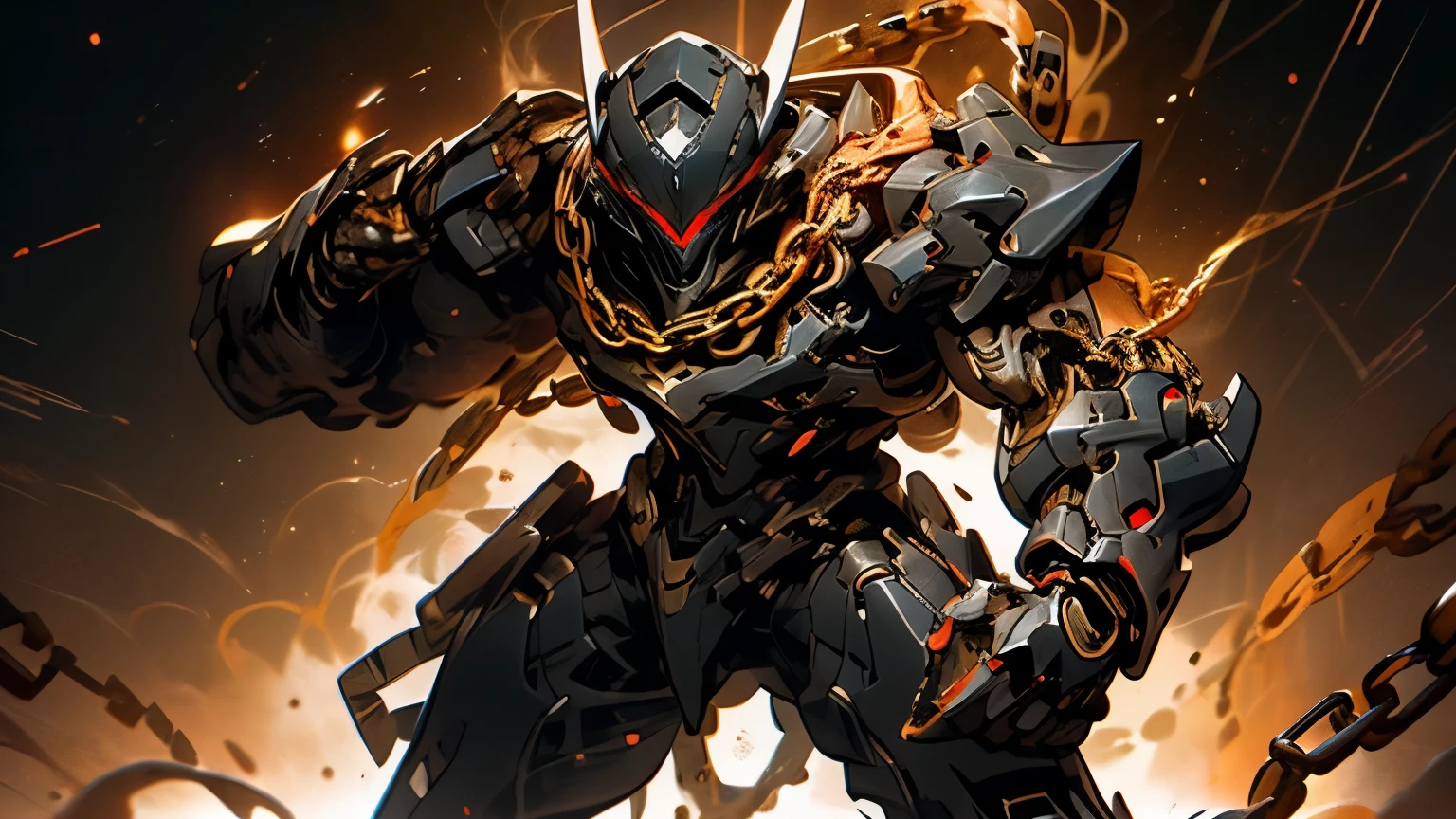 Thin outline, anime style, cool and edgy , A mysterious figure in a dark suit with robotic features, Hold the chain, Standing on a red background , Dramatic Lighting, Cyberpunk, dark, sleek design, future, fashionable, pose , colorful, confident, Performance, accessory, Swirl, around , stylish, attack, 【Contemporary, fashion