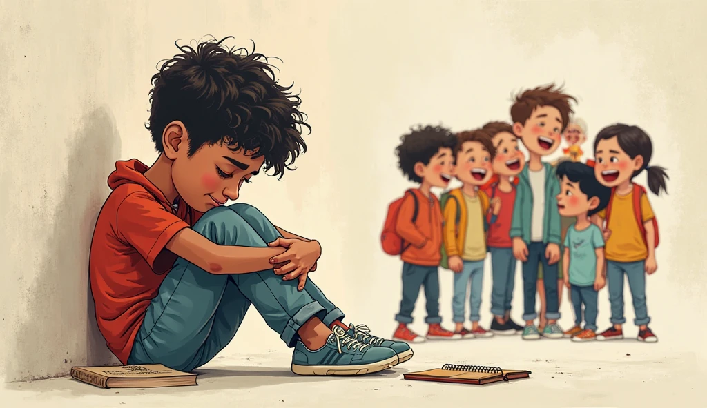 Create a skinny boy who is crying while sitting in a room and on the back wall you can see a school schedule in green, blue and orange colors., the boy is wearing shorts, white sneakers and white polo, She has curls and is covering her face because she is crying.